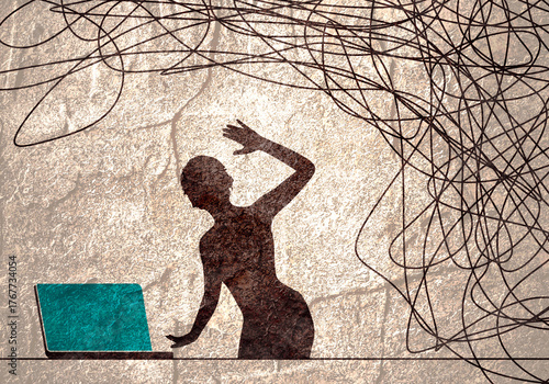 Young woman working on laptop. Stressed exhausted young woman. Concept of life and work balance. Metaphor of chaos and mess, difficult situation.