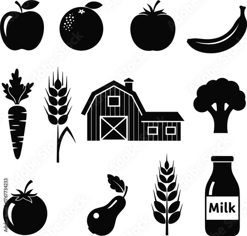 Bold Solid Silhouette Vector Set of Farm Fresh and Organic Food Icons.
