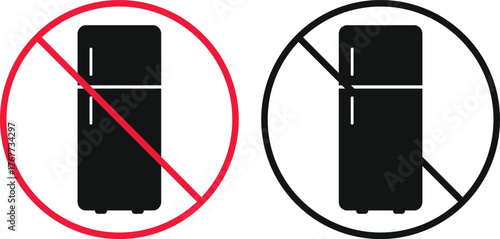 no fridge icon. Prohibited Refrigerator symbol. No Food Storage and Appliance Restricted icons collection