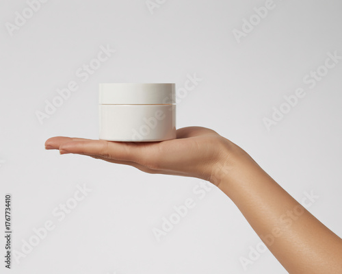 Elegant hand gently holds a pristine white cosmetic jar, showcasing modern skincare luxury and purity for beauty brands