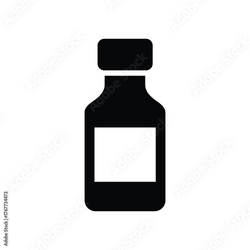 Simple black silhouette icon of a small bottle with a label for medicine or liquid contents