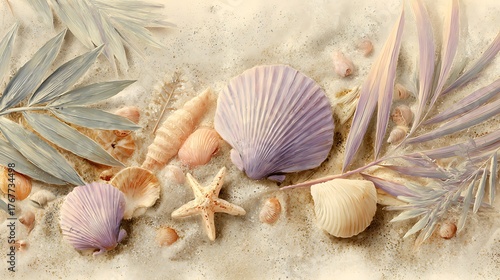 A soft pastel beach scene with seashells, starfish, and palm leaves gently scattered on golden sand made with Ai