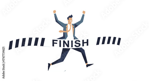 Businessman Celebrate Victory at Finish Line, Successful Career Illustration