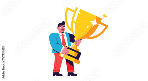 Businessman Celebrates Success Holding a Trophy for Achieving Corporate Goals and Recognition