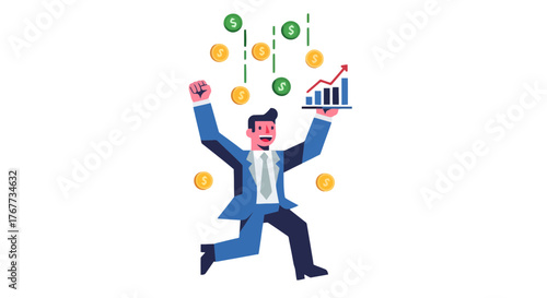 Businessman Celebrates Financial Growth With Coins and Rising Chart on Black Background