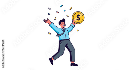 Businessman Celebrates Financial Success Holding a Coin with Dollar Symbol on a Black Background