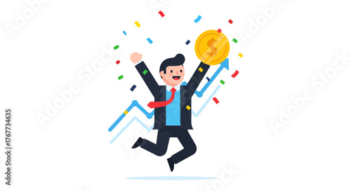 Businessman Celebrates Financial Success with Golden Coin and Rising Stock Graph in Victory