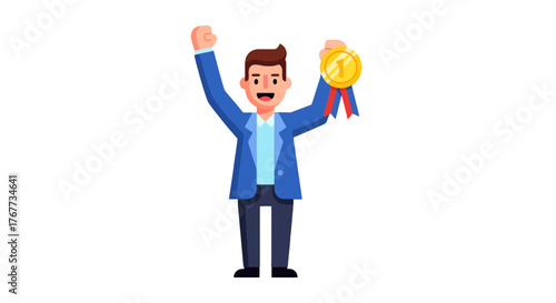 Businessman Celebrating Victory After Achievement, Holding Gold Medal On Black Background