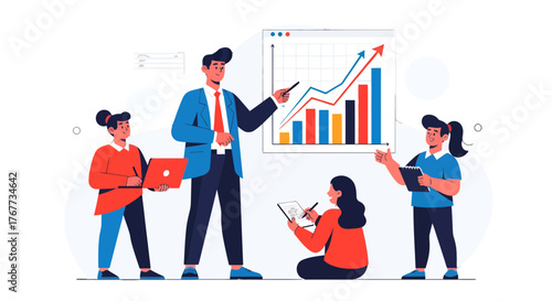 Business Team Analyzing Growth Charts and Data Presentation With Modern Illustrative Style
