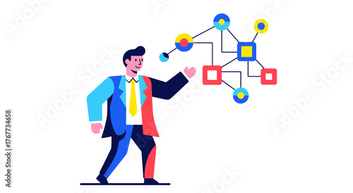 Businessman Connecting Technological Nodes Depicted in Colorful Abstract Illustration
