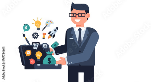 Businessman Displaying Creative Ideas and Wealthy Finances for Successful Development