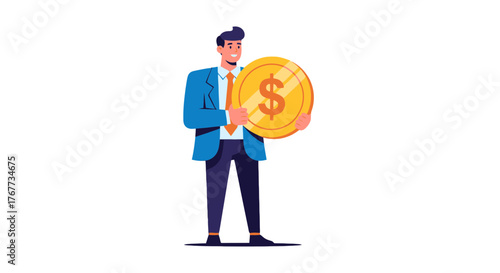 Businessman Displaying Large Gold Coin with Dollar Symbol Demonstrating Financial Success