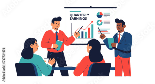 Business Team Analyzing The Quarterly Financial Report During A Presentation Meeting