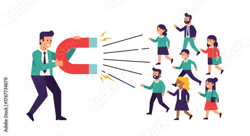 Businessman Employing Magnet Concept Attracting People Demonstrating Innovative Social Marketing
