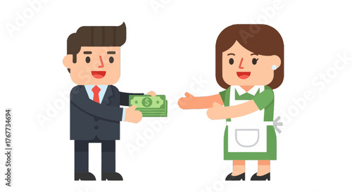 Businessman Handing Money To A Woman For Payment or Payment for Services Conceptual Illustration
