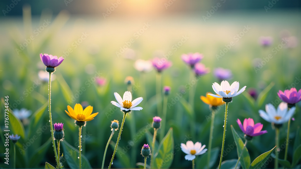 Obraz premium Whispers of Dawn: Fresh Beginnings in the Wildflower Meadow