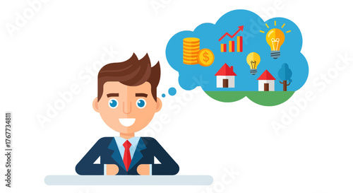Businessman Imagining Future Success and Wealth with Growth, Ideas, and Real Estate