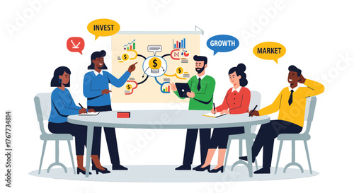 Business Team Meeting Around Data Chart Illustrating Investment, Growth, And Market Strategy
