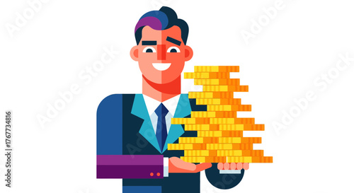 Businessman Holds Gold Coins, Representing Wealth, Success And Financial Prosperity