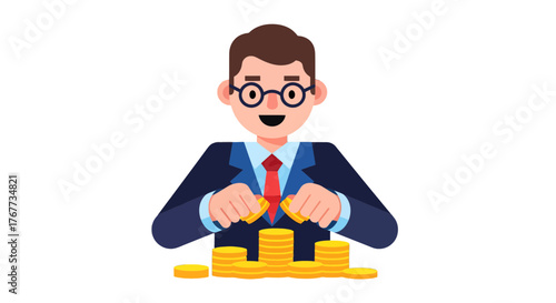Businessman Joyfully Sorting Gold Coins, Representing Financial Wealth and Success Always