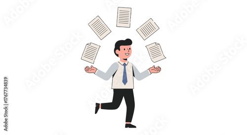 Businessman Juggling Documents Representing Efficiency, Balancing, and Successful Workload