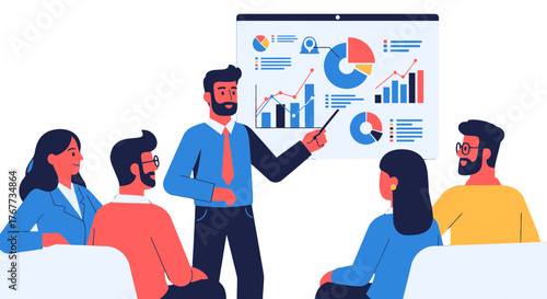 Business Team Presentation Showcasing Data Analysis, Statistics, and Growth Strategy Discussions