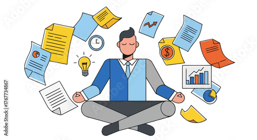 Businessman Meditating Amidst Documents And Finances Achieving Serenity Dealing With Tasks