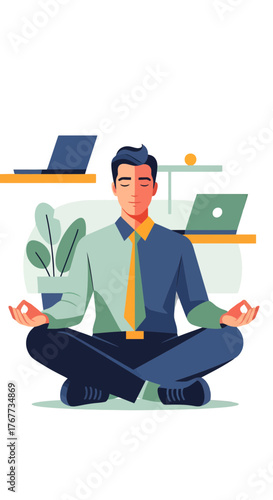 Businessman Meditating Amidst Office Clutter: Stress Reduction and Work-Life Harmony Depicted