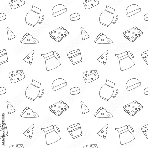 Milk and cheese seamless pattern, hand drawn, vector illustration