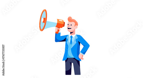 Businessman Announces Loudly Using Megaphone to Share, Convey, And Broadcast Information