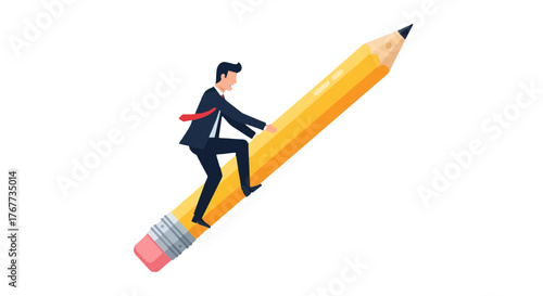 Businessman Ascending A Large Pencil Symbolizing Career Growth And Education