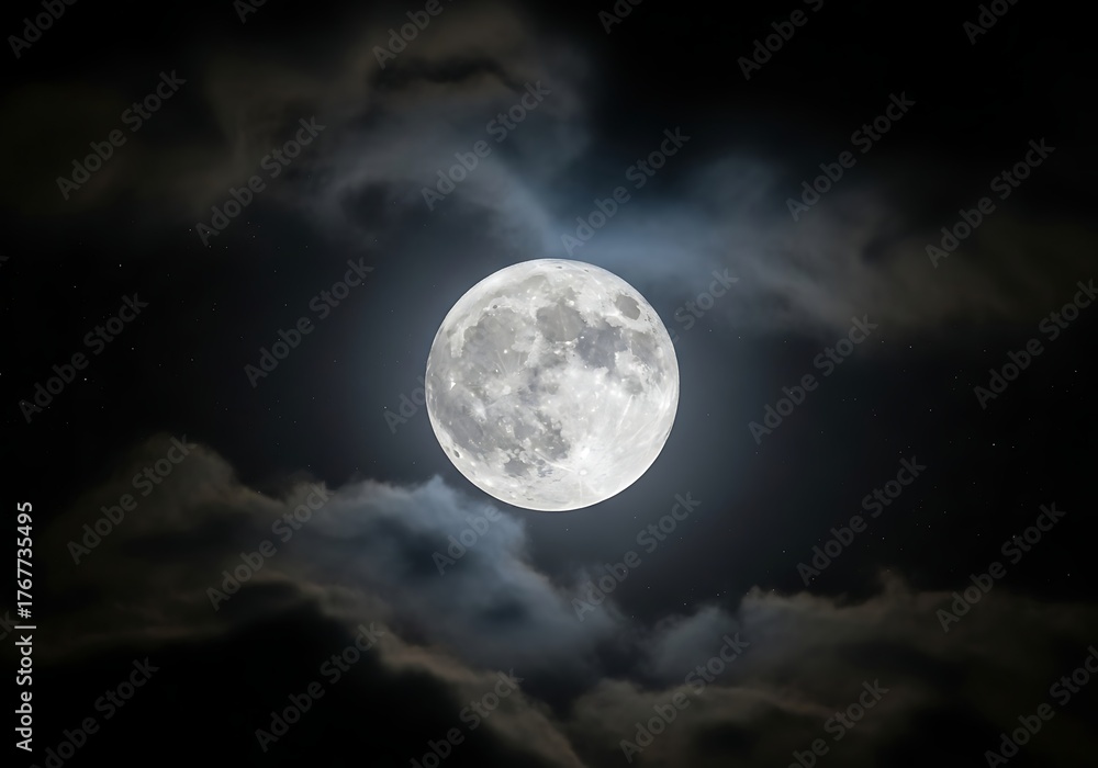 Fototapeta premium A bright full moon shines through dark, dramatic clouds in a night sky, with faint stars visible