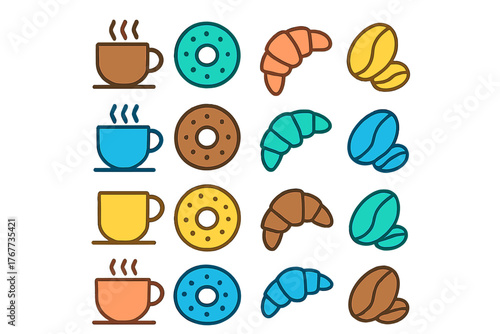 Colorful repeating pattern of breakfast and coffee icons featuring hot cups, sweet donuts, croissants, and roasted beans