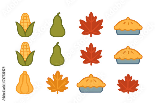 Autumn harvest food and foliage sticker set featuring corn, pears, maple leaves, squash, and pie icons