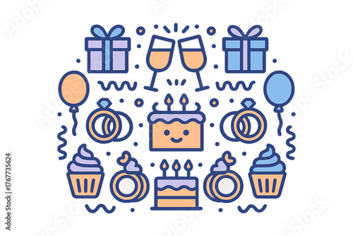 Festive seamless design featuring celebration icons like wedding rings, birthday cakes, and champagne flutes