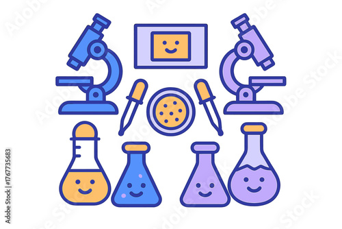Adorable collection of science and chemistry lab tools with smiling faces