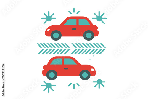 Red cars separated by striped pattern symbolizing vehicle cleaning or disinfection process