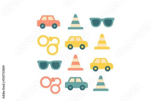 Colorful flat design icons pattern featuring cars traffic cones sunglasses and handcuffs in a repeating grid