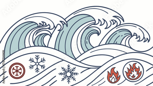Abstract Climate Impact Pattern with Waves Fire and Ice Icons — Seamless Campaign Vector