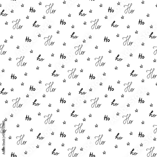 seamless new year black and white pattern with text Ho ho ho and stars, perfect for wrapping paper, fabric, background 