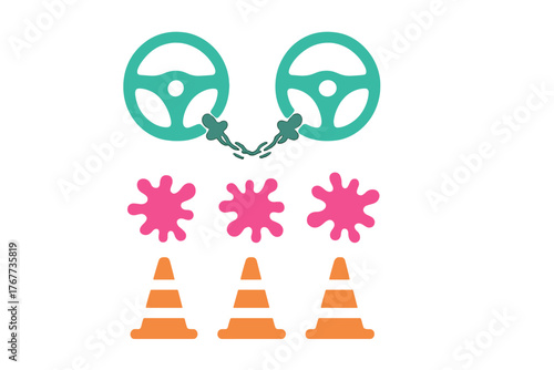 Steering wheels handcuffed above traffic cones and pink splatters symbolizing impaired driving
