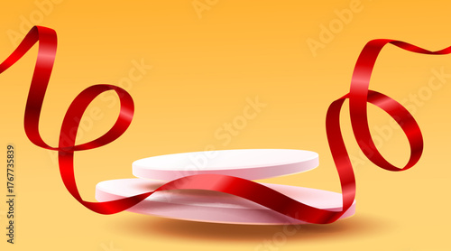 Elegant 3D podiums with a vibrant red ribbon on a warm yellow background.