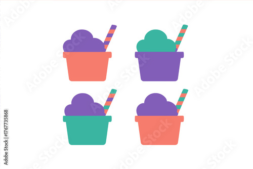 Colorful frozen dessert cups resembling shaved ice with striped drinking straws