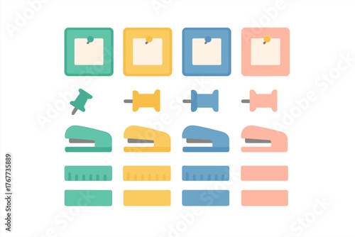 Colorful collection of essential office supplies including staplers, pushpins, rulers, and memo notes