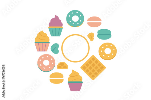 Colorful assortment of sweet desserts arranged in a circular frame with central copy space
