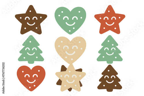 Seamless pattern featuring cute smiling gingerbread cookies in festive holiday shapes