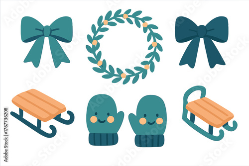 Cute winter holiday collection featuring decorative bows, festive wreath, wooden sleds, and smiling mittens