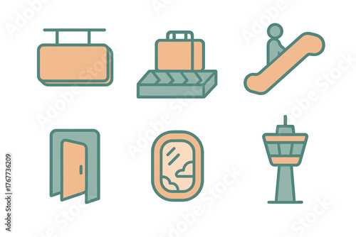 Collection of essential airport and travel symbols including baggage claim, control tower, and escalator