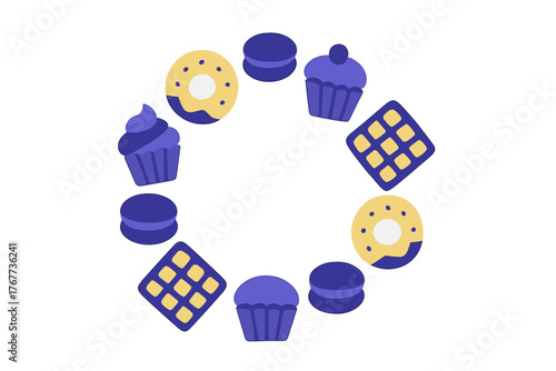 Circular arrangement of sweet desserts including donuts cupcakes macarons and waffles