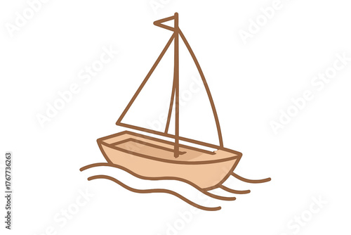 Minimalist small sailboat with a mast and sail floating on ocean waves
